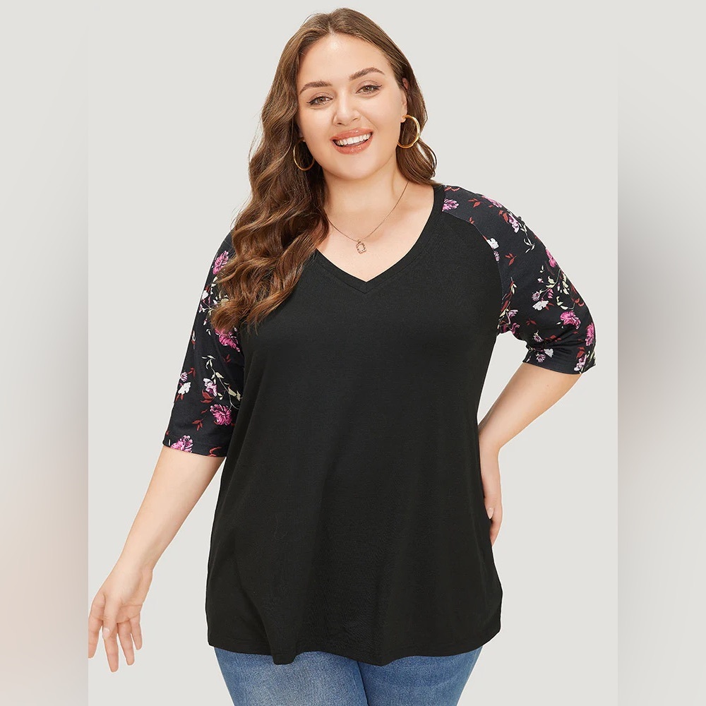 BLOOMCHIC Floral Patchwork Raglan Sleeve T-Shirt